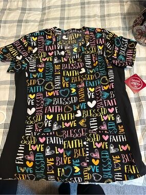 Graphic Scrub Top - Black with Multicolor 'Faith Blessed Love' Print